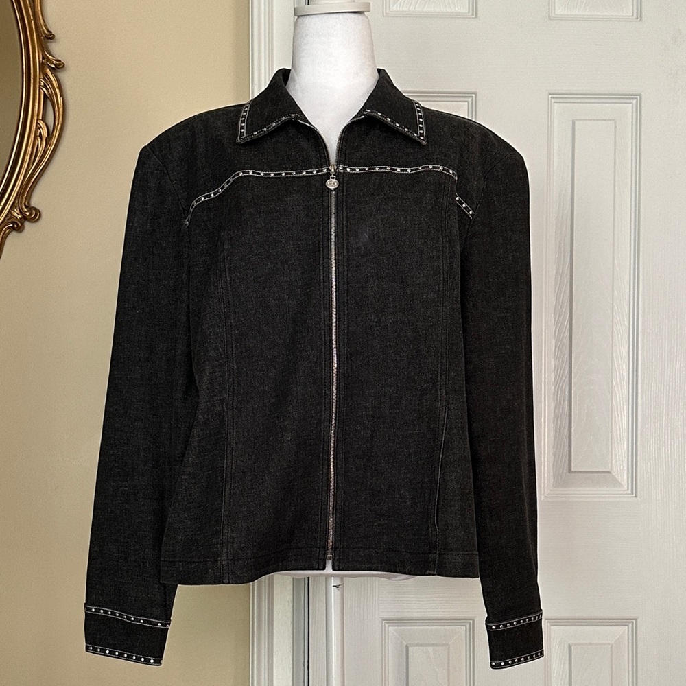 St. John Sport Black Studded Zip Jacket Large Knit Missing 1 Stud USA